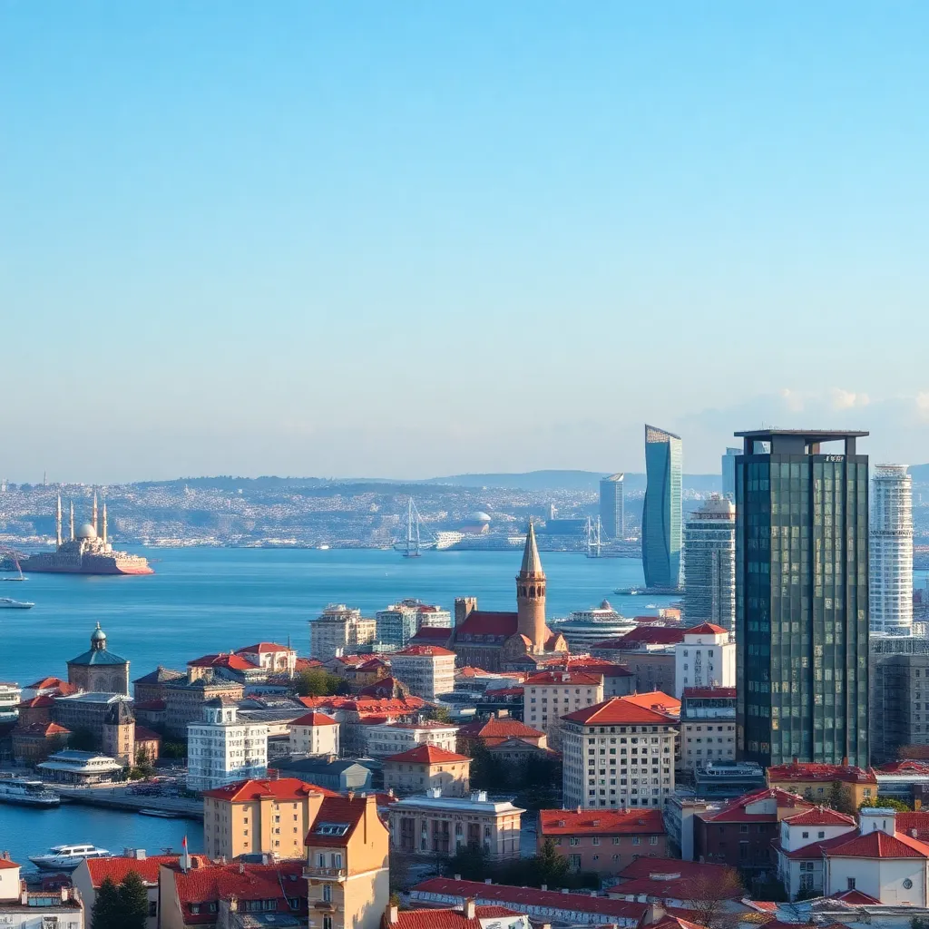 İstanbul'da iş kuleleri ve Boğaz manzarası